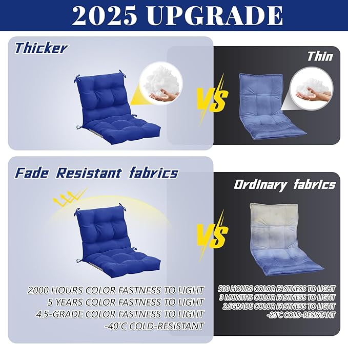 Marsui 6 Pcs Outdoor Indoor High Back Chair Cushions Patio Furniture Tufted Pillow with Ties Water-Resistant Replacement Outdoor Rocking Chair Cushions, 42 x 21 Inches (Navy Blue,Solid Color)