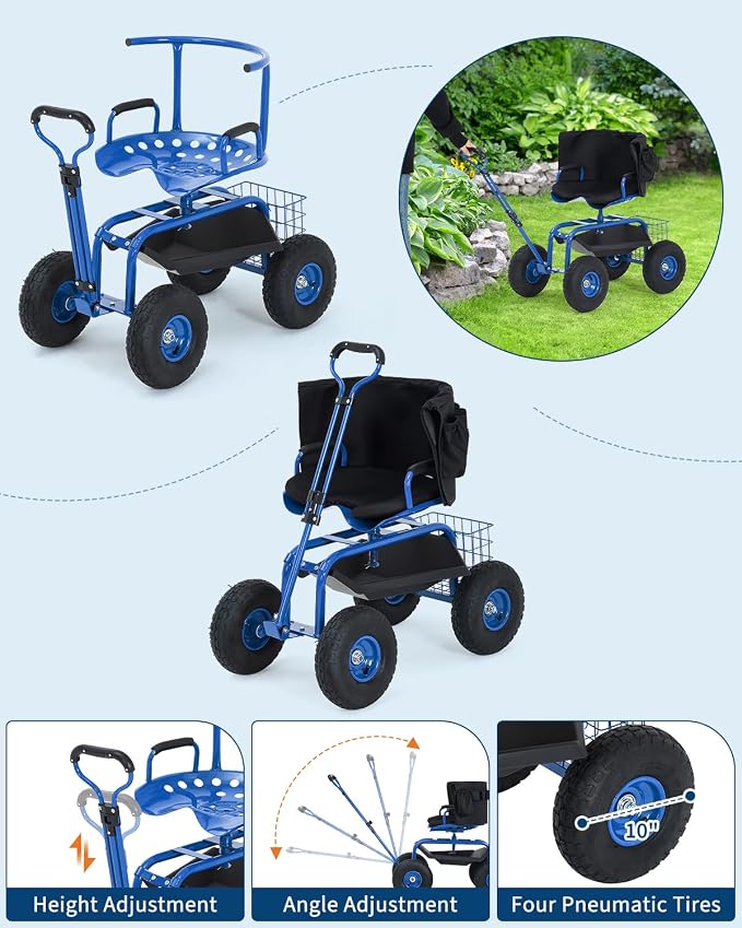Rolling Garden Work Seat with Wheels, 360° Swivel Seat Gardening Cart with Extendable Steering Handle, Tool Tray and Storage Basket, 300 lbs Capacity, Gardening Stools for Patio, Yard, and Outdoors