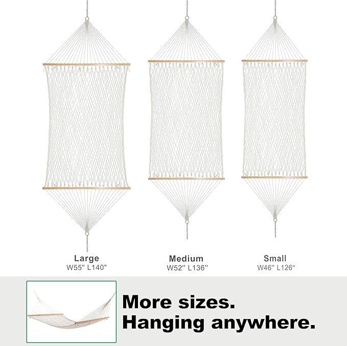 GAFETE Single Rope Hammocks for Outside, Traditional Hand Woven Cotton Hammock with Hardwood Spreader Bar, Max 450 lbs Capacity (Natural Beige, Small)
