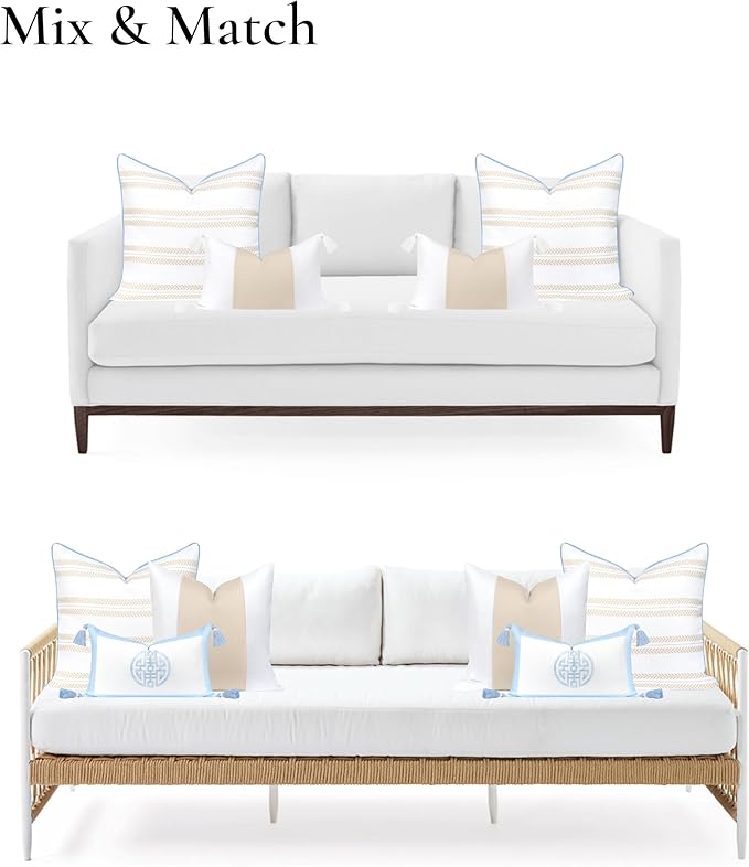 Hofdeco Premium Coastal Hampton Patio Indoor Outdoor Throw Pillow Cover Only, 22"x22" Water Repellent for Backyard, Couch, Poolside, Neutral Tan Blue Print Leaf Striped (Pack of 2)