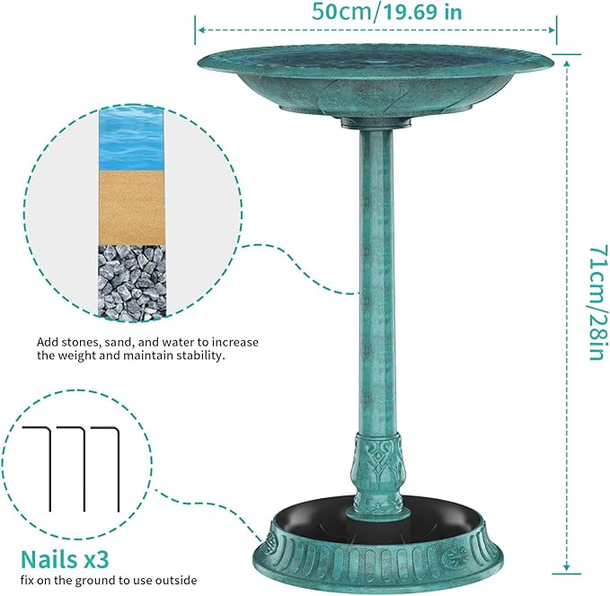 AISITIN 28 Inch Bird Bath with 3.5W Solar Fountain for Outside, Polyresin Pedestal Bird Baths for Outdoor Garden Courtyard Decoration, Weather-Resistant Birdbaths with 20" Bowl & 8 Nozzles, Green