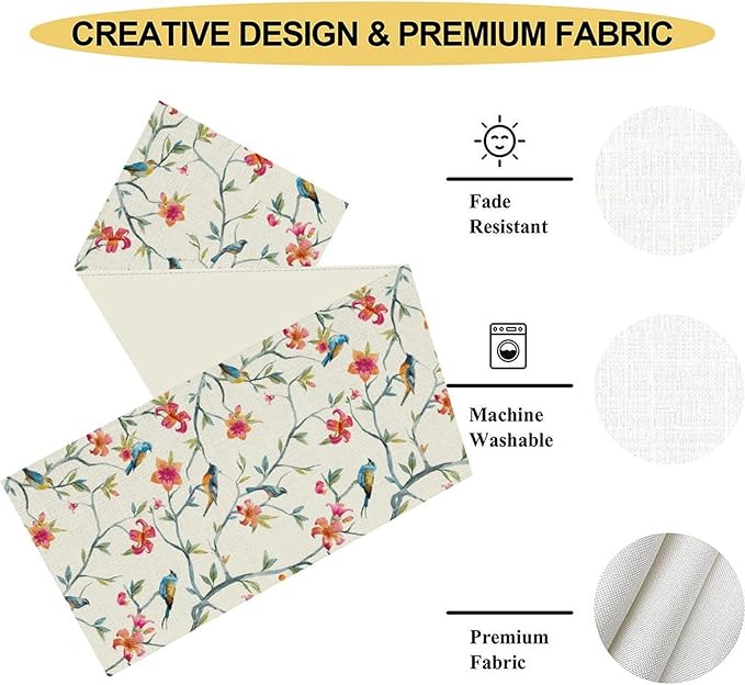 Floral Birds Branches Table Runner, Seasonal Watercolor Spring Flower Blossom Boho Chinese Coffee Table Center Decor for Family Kitchen and Living Room Country Table Decorations, 13" X 108"