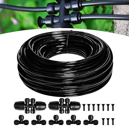 Maotong 100FT 1/4 inch New Quick-Connect Drip Irrigation Kit Distribution Hose Tubing for Garden Irrigation System (Includes 2 Pcs 6-Way Connector, 5 Pcs 1/4" Tee and 10 Pcs End Plugs)
