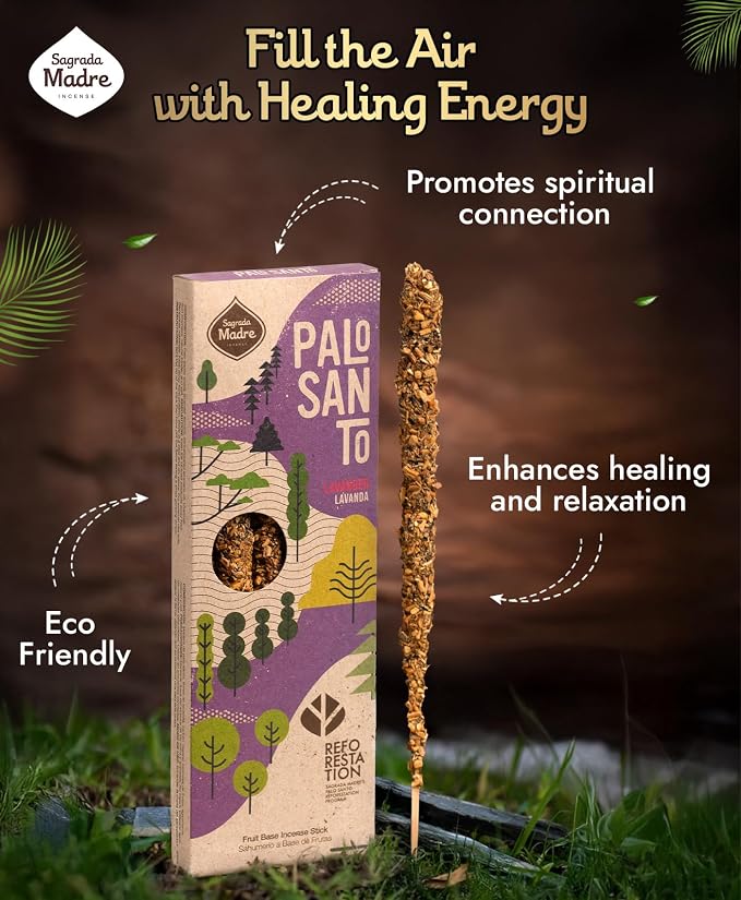 Sagrada Madre 4pcs Wildly Harvested Palo Santo Incense Sticks (Lavender), 6.7” Long - Non-Toxic, Aromatic Incense Sticks (50 min Approx. Burning Time) to Heal & Calm Your Body and Environment