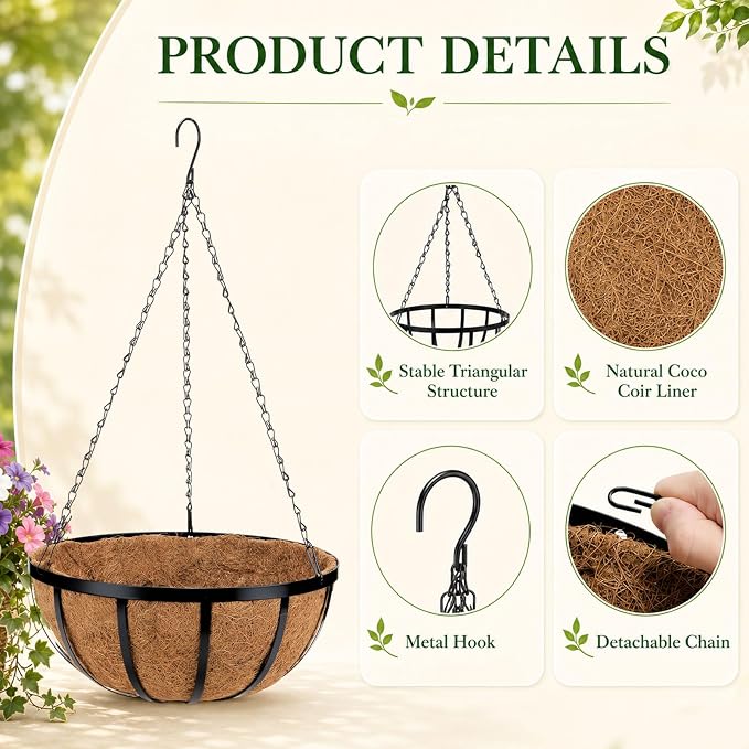 Didaey 8 Pcs Metal Hanging Basket with Coconut Coir Liner Hanging Flower Basket with Chain Indoor Outdoor Plant Flower Pot 14 Inch Round Wire Plant Holder for Garden, Patio, Deck, Porch Garden Decor