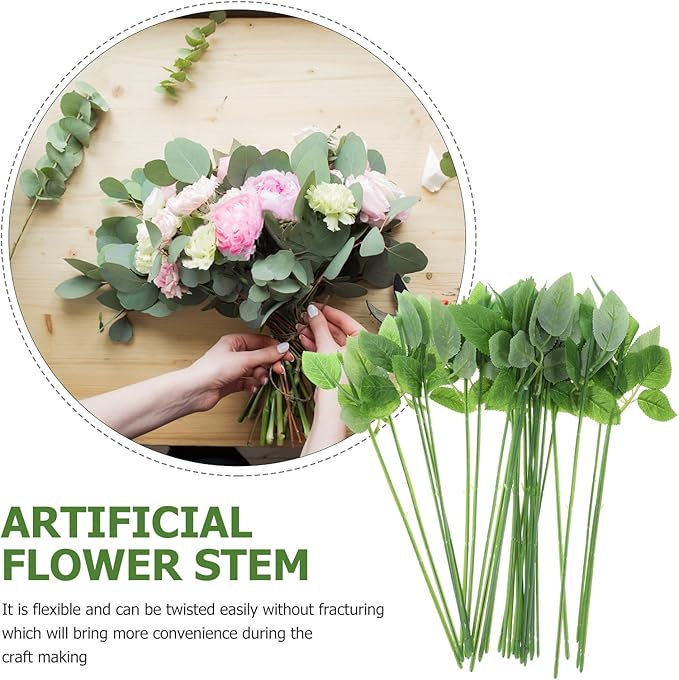 ULTNICE 60pcs Artificial Flower Stems with Leaves for Floral Arrangements, Wedding Bouquets, and DIY Crafts - Flexible Green Plastic Rose Stem