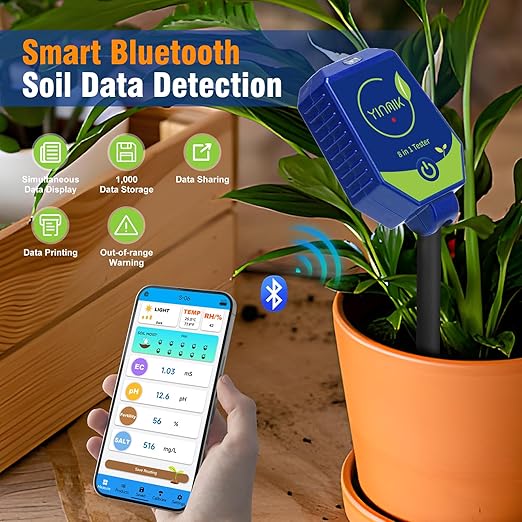 YINMIK 8 in 1 Soil Test Kits, Moisture pH Meter for Soil, Plant pH Conductivity Tester, pH Moisture EC Salt Humidity Light Fertility Temp Reader for Garden, Grass, Lawn, Greenhouse, Farming, Yard