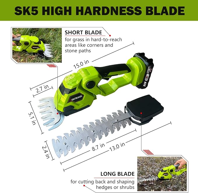 Cordless Hedge Trimmer & Grass Shears - 21V Electric Shrub Trimmer Grass Shears Handheld Grass Cutter, Hedge Shear with 2 PCS Rechargeable Battery, Charger and Toolbox to for Garden, Lawn (Green)
