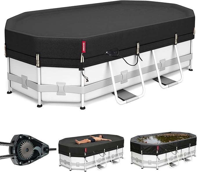 QH.HOME 12X22ft Oval Pool Cover,[Ultimate Windproof & Tear-Resistant Fabric],Snug Fit with Patented Ratchet & Weight Rings,Solar Pool Cover for Above Ground Pools, Blocks Leaves &Waterproof