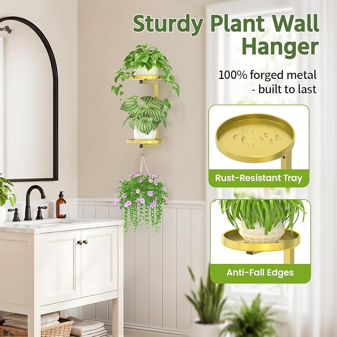 LASZOLA Plant Hangers Holder Wall Mounted Indoor, Metal 2 Tier Window Hanging Plant Shelves, 2Pcs Modern Floating Flower Display Stand with 2 Hooks for Outdoor Kitchen Bathroom Decor, Warm Gold