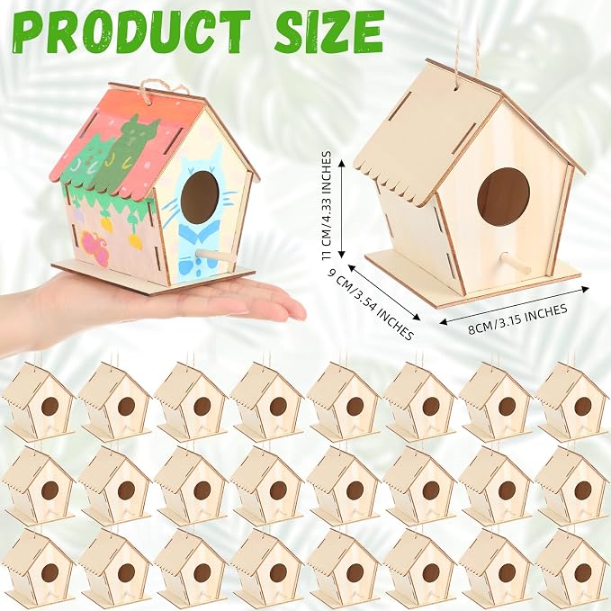 DoubleFill 60 Pack 4. 3" Wooden Bird Houses Bulk for Kids with Front Perch Peg, DIY Kid Art Craft Outdoor Birdhouse Kit Unfinished Hanging Birdhouse Class Activity for Girls Boys to Build and Paint