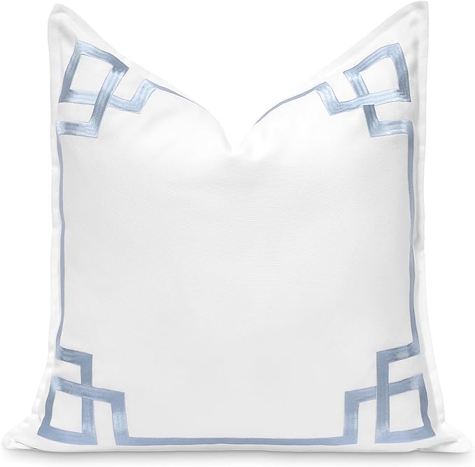 Hofdeco Premium Coastal Patio Indoor Outdoor Throw Pillow Cover Only, 20"x20" Water Repellent for Backyard, Couch, Baby Blue Embroidered Frame Greek Key