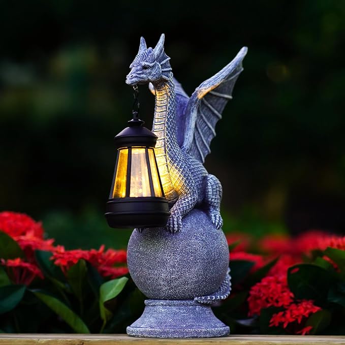 Solar Garden Dragon Statue: Outdoor Figurine with Lantern Lights | Weatherproof Resin Decorations, Home Yard Lawn Porch Balcony Patio Decor,Birthday Gifts for Mom Women Grandma