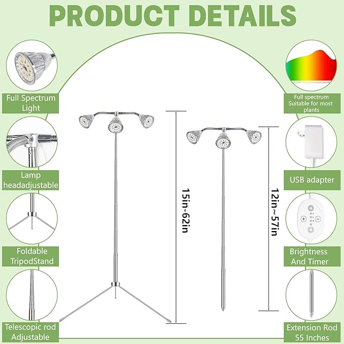 Full Spectrum Grow Lights for Indoor Plants, 3 Heads Aluminum Alloy Growing Lamps Covers More Plants, 15-62In Height Adjustable Plant Light with Detachable Tripod Stand, Auto On/Off Timer for Offices