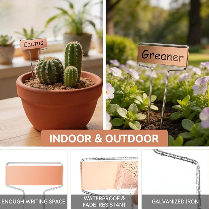 Greaner 30PCS Copper Plant Tags, 2.6" x 10" Metal Plant Markers with Rainproof PET Film & Permanent Pen, Reusable Garden Signs for Vegetables、Fruits、Seeds