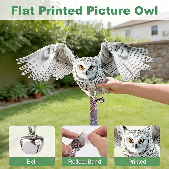 Flat Plastic Owl Scarer Hanging Device, 3 Pack Dual-Side Printed Owl with Reflective Tape and Bell for Garden Patio Farm Yard Window Porch, Outdoor Pigeon Woodpecker Scare Decoration, Not 3D