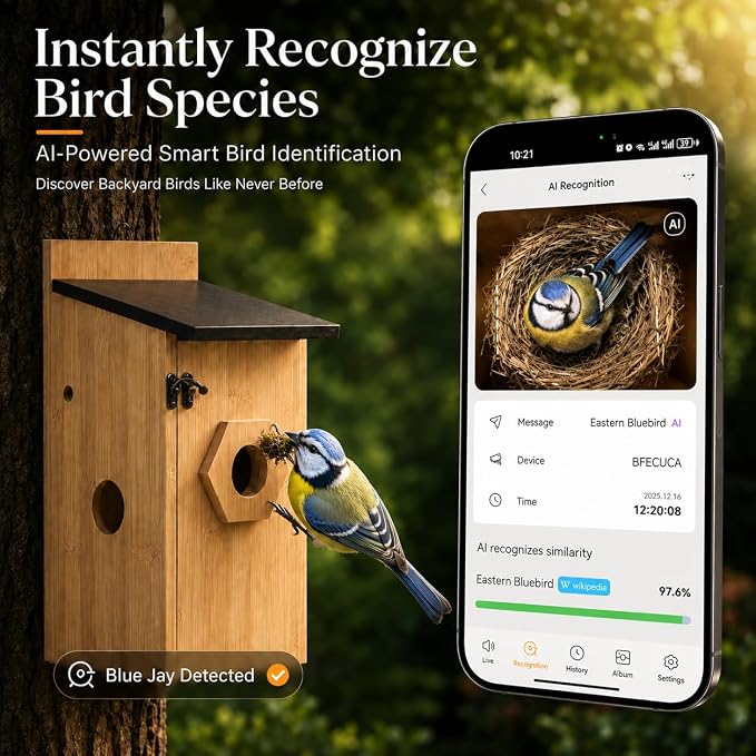 Smart Bird House with Camera - Solar Powered AI Bird Feeder with 4MP Color Night Vision, AI Species Recognition & IP66 Waterproof, Ideal Gift for Bird Lovers