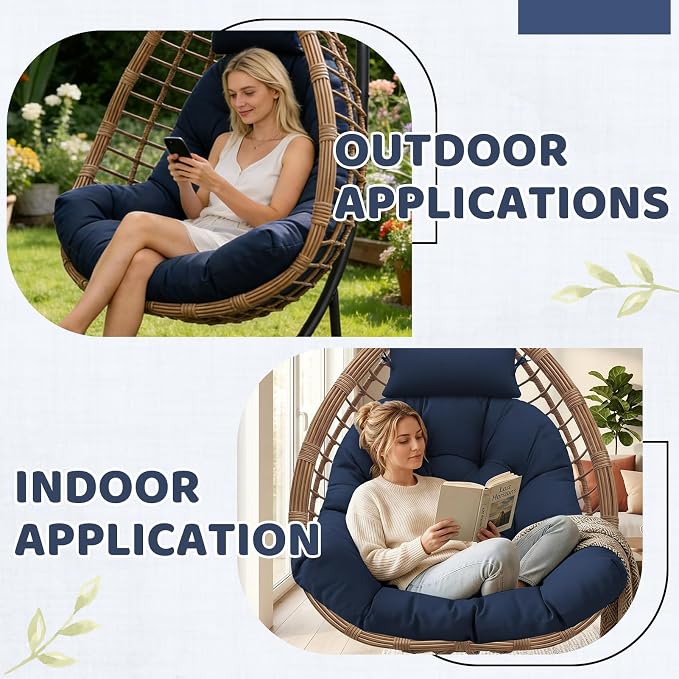 Waterproof Egg Chair Cushion Replacement, 47x33x7 Inches Thicken Outdoor Hanging Chair Cushion with Headrest Pillow, Cushions for Egg Chairs, Blue