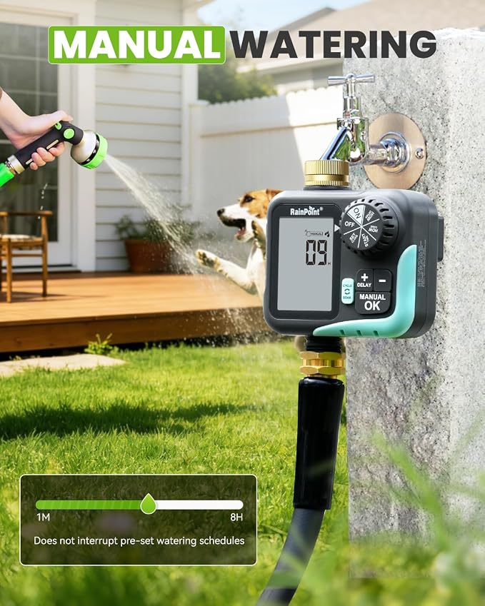 RAINPOINT Sprinkler Timer for Garden Hose - Hose Timer with Cycle & Soak/Rain Delay/Automatic Watering/Manual Watering, Programmable Irrigation System with Large Display for Lawn, Yard, Brass Inlet