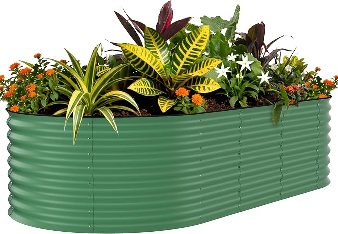 CABIHOME 8x4x2ft Galvanized Raised Garden Bed Outdoor, Oval Galvanized Planter Metal Garden Boxes Outdoor, Rust-Resistant | Anti-Cut Strips, Fit for Vegetables Flowers Gardening, Easy Assembly, Green