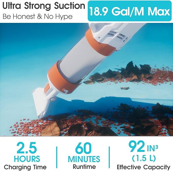 Cordless Pool Vacuum-True Powerful Suction 18.9GPM, 100inch, 1H Runtime, 25µm Fluff Ultra Fine Filter,Handheld Rechargeable Hot Tub Cleaner with Poles for Above Ground&Inground Pool