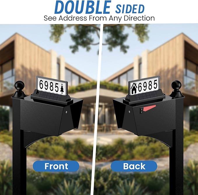 Solar Address Sign for House Numbers – Dual-Sided LED & Dual-Sided Solar Panels, 3 Color Modes, IP65 Waterproof Address Plaque, Strong Magnetic/Stake/Wall Mount, Dusk-to-Dawn for Mailbox Yard Driveway
