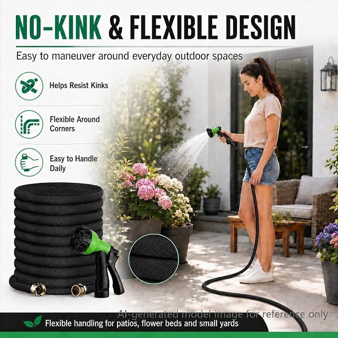 100FT Lightweight Flat Garden Hose for Women & Seniors, Non-Expandable Water Hose with 10-Pattern Spray Nozzle, Easy Storage No-Kink Hose for RV, Patio, Small Backyard, Car Wash & Everyday Watering