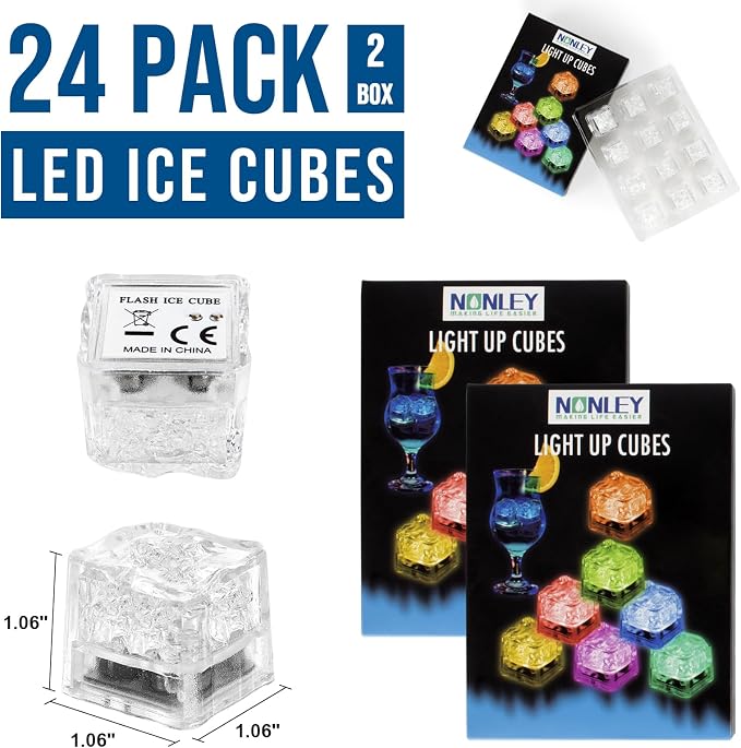 Light Up Led Ice Cubes - 24 Pack Multi Color Glow in the Dark, Reusable Flashing Ice Cubes for Club Bar Party Wedding Decor, IP67 Waterproof