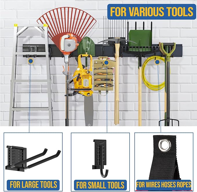 Volitaous 48Inch Garage Garden Tool Organizer Wall Mount, Heavy Duty Garage Tool Storage Rack, Adjustable Mix 9PC Metal Hooks, Rake Hangers Yard Tool Organizer Rack, Max 300Lbs