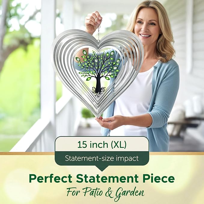 ISEO XL Silver Heart 15” Wind Spinner for Yard and Garden with Crystals, Hanging Outdoor Decor, Yard Art, Porch and Patio Decorations, Metal Wind Spinners Outdoor, Weather Resistant,