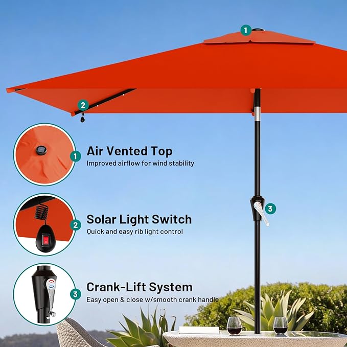 AreShark 6.5' x 10' Rectangular Patio Umbrella with Solar Lights, Solar Powered Lighted Market Umbrella w/Tilt and Crank, Outdoor Table Umbrella for Garden, Deck, Backyard, Pool and Beach, Orange