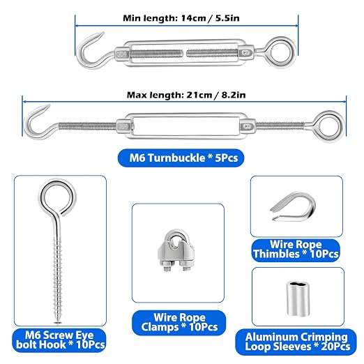 TooTaci 1/8" Wire Rope Kit, 100ft 304 Stainless Steel Cable 7×7 Strands, M6 Turnbuckles for Cables Wire, Aircraft Cable Heavy Duty with Turnbuckle Tensioner Kit for Strings Light Hanging