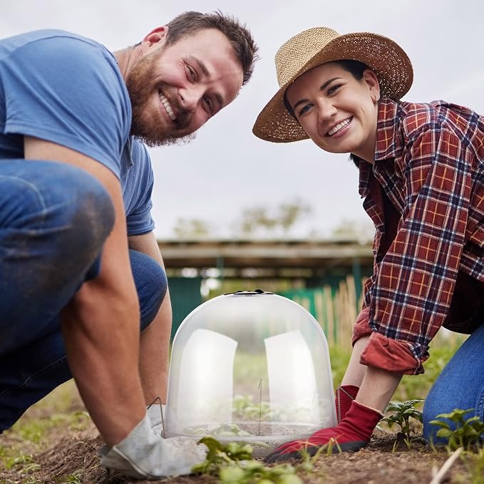 20 Pack Garden Cloche Plant Dome 10.2" D x 8.3" H Plant Cover Plastic Humidity Dome Reusable Protector Mini Greenhouse Plastic Bell Cover with 60 Ground Securing Pegs for Outdoors