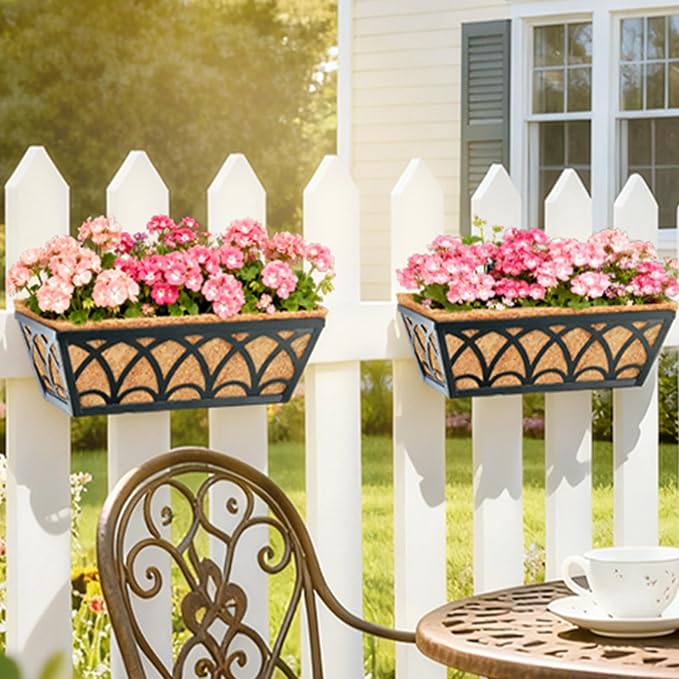 16 Inch Railing Planter Box Window Boxes Planters - 2 Pack Deck Railing Planter Boxes with Adjustable Brackets Coco Liners Balcony Planters Railing Hanging for Window Flower Boxes Outdoor Garden Decor
