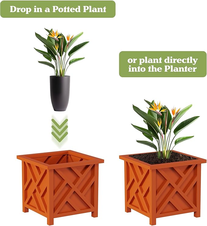 Lattice Design Outdoor Planter Box 2-Pack - 14.75” Square 13” Tall Terracotta Decorative Plant Pots for Front Porch Decor - Flower Pots Outdoor Planters for Porch Patio or Garden Decor by Pure Garden
