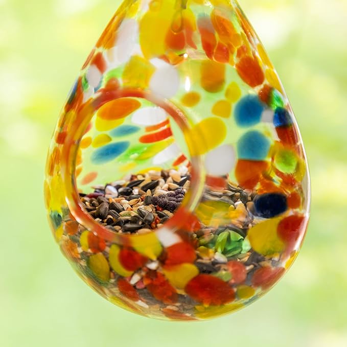 Glitzhome 6.75''H Hanging Glass Birdfeeder,Water Drop Fly Through Wild Bird Feeders for Outdoors,Orange Dots Glass Bird Feeders for Garden, Yard, Backyard, Deck and Porch Decor