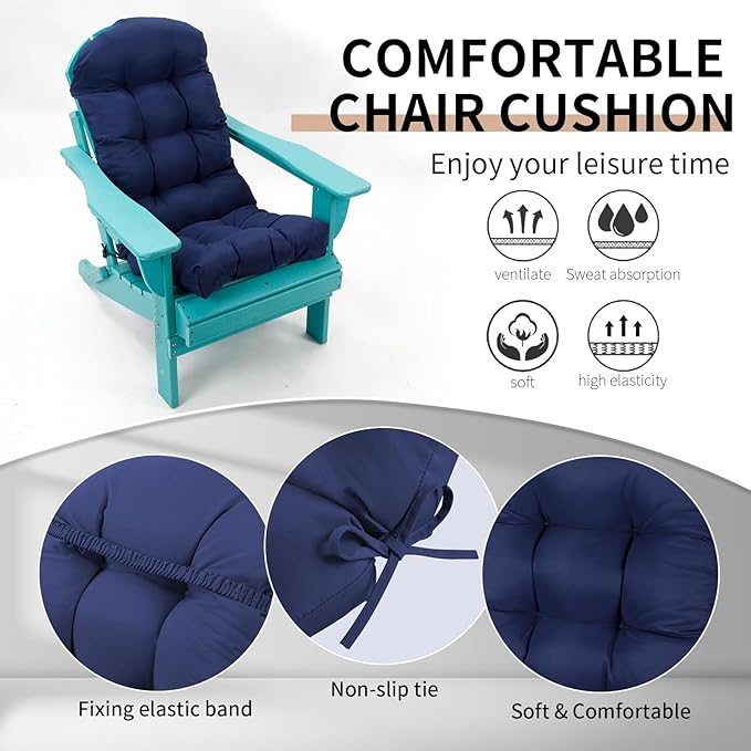 Adirondack Chair Cushion, High Back Patio Chair Cushions 48 x 19.7 x 4.7 Inch, Indoor/Outdoor Thickened Rocking Chair Cushion, Fade-Resistant & Waterproof (Dark Blue, Set of 1)