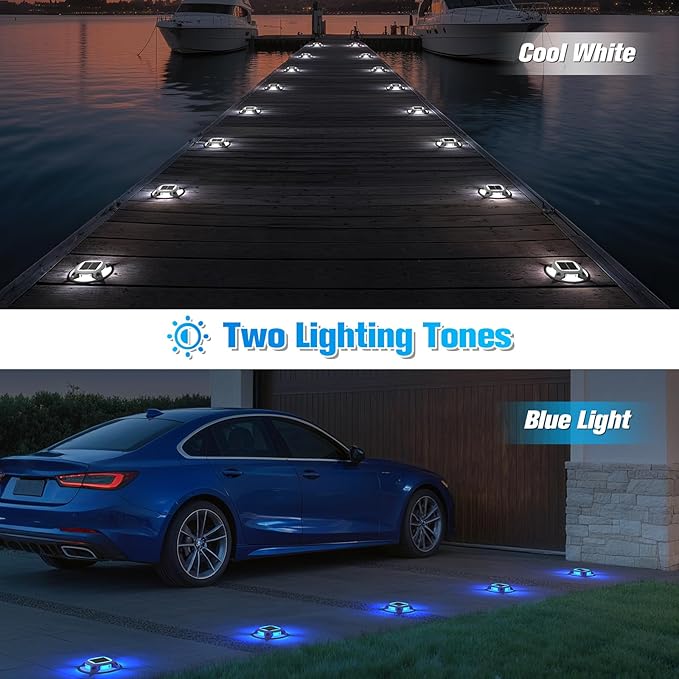 VOLISUN Solar Driveway Lights Dock Deck Lights 16 Pack,2 Colors in 1 Led IP67 Waterproof Outdoor Warning Step Lights for Driveway Sidewalk Pathway (White/Blue)