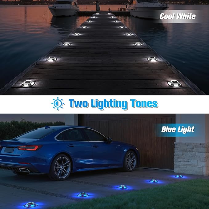VOLISUN Solar Driveway Lights Dock Deck Lights 12 Pack,2 Colors in 1 Led IP67 Waterproof Outdoor Warning Step Lights for Driveway Sidewalk Pathway (White/Blue)