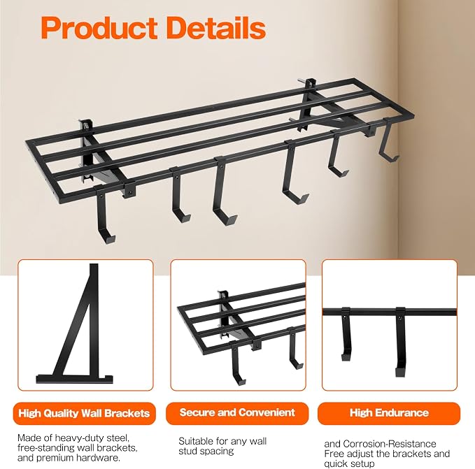Colinktool Garage Wall Shelving, 1X4 ft Garage Storage Rack,Heavy Duty Wall Mounted Storage Shelf With 12 Hooks-Each Loads 200lbs Metal Wall Shelf,Black,2Pack