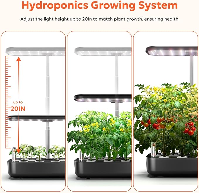 owltron Hydroponics Growing System Kit, 12 Pods Indoor Herb Garden with 24W LED Grow Light Full Spectrum, Planting Height Up to 20", Quiet Water Pump, Indoor Gardening for Gifts, Kitchen, Black