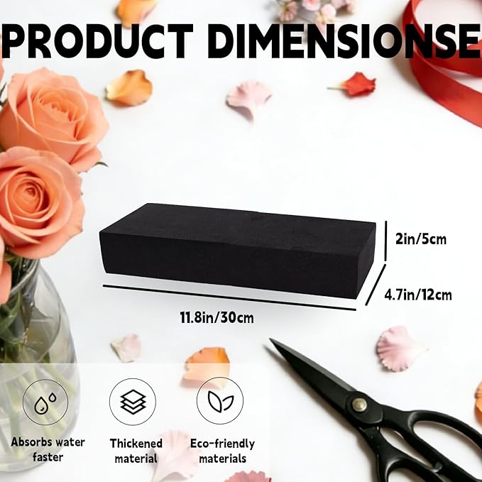4 Piece Reusable Floral Foam Blocks black, 11.8 x 4.7 x 2 Inch, Water Resistant, for Artificial Flower Arrangements, Outdoor Planters, Wedding Decor (4, 11.8 x 4.7 x 2)