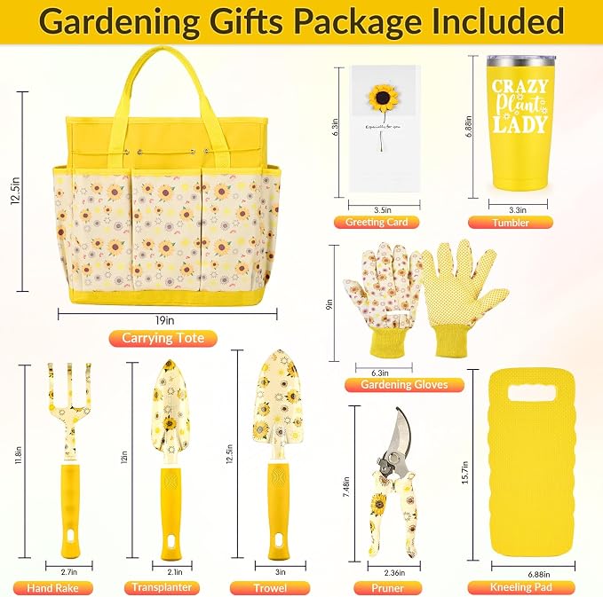 Gardening Gifts for Women, Gardening Tools for Women, 9 PCS Sunflower Garden Tools Set Kit with Garden Tool Bag, Mother's Day Birthday for Gardener Mom Grandma Aunt, Yellow