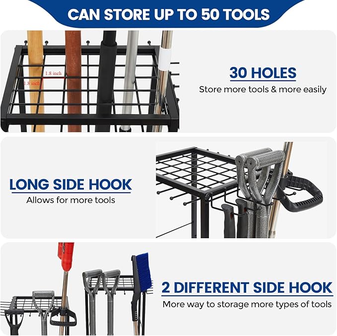 Garden Tool Organizer with 2-Tier Steel Shelves, Holds 50 Long-Handled Tools/Rakes/Brooms/Shovles for Garage Organization and Storage, Shed, Outdoor, Lawn, Heavy-Duty Steel, Black, Easy Assembly