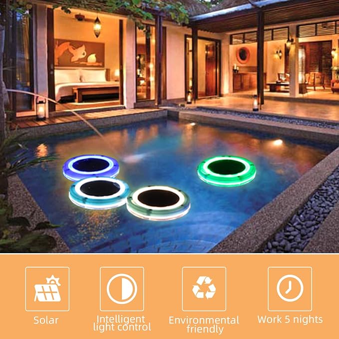 Solar Powered Floating Pool Lights, IP68 Waterproof LED Pond Lights for Outdoor Garden, Pool Decoration, White Light 2-Pack
