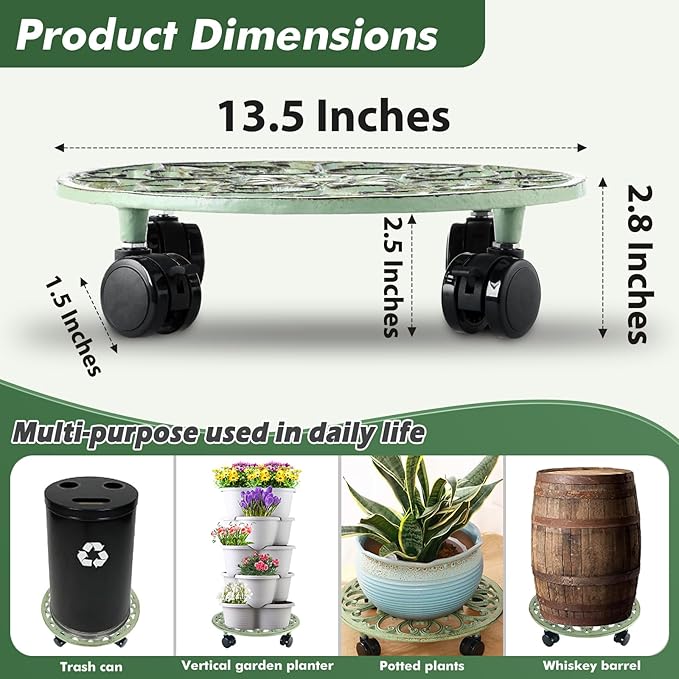 2 Packs 14 Inch Rolling Plant Stand with Wheels Metal Plant Caddy with Wheels Heavy Duty Round Plant Stand Indoor Iron Plants Rollers for Plants, Plant Dolly Retro Green