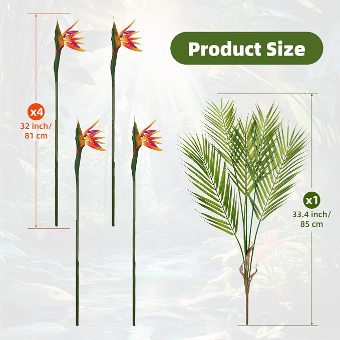 5Pcs 31.5Inch Artificial Birds of Paradise Plant Faux Birds of Paradise Stems for Vases with Palm Leaves for Wedding Home Party Hotel Table Centerpiece Indoor Outdoor Vases Decor(Green)