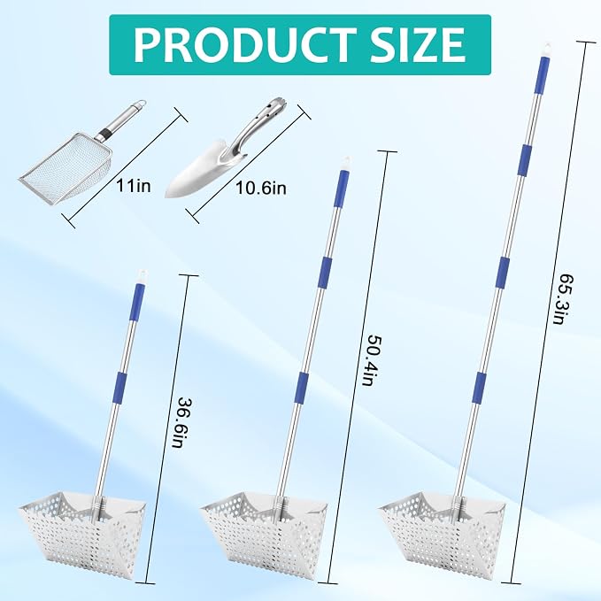 Sand Flea Rake, 65 Inches Long Handle, Stainless Steel Shark Tooth Sifter, Detachable 11-Inch-Wide Drainage Mesh Beach Sand Sifter for Collecting Sand Fleas, Shells and Shark's Teeth