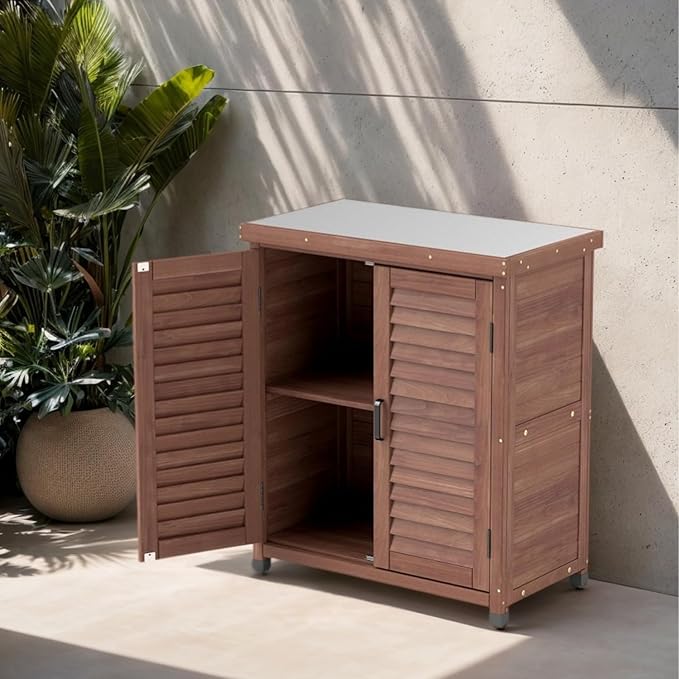YOPTO Outdoor Wood Storage Cabinet,Garden Shed Tool with Metal Table Top, Backyard Waterproof Shelter W/Ventilated Screen Door & 2 Handles,2 Compartments,Workstation for Lawn,31x17x36'',Coffee