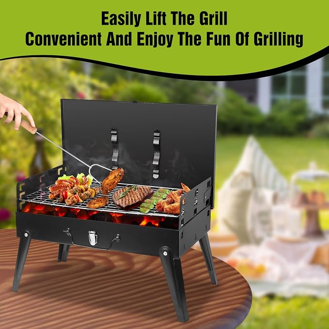Portable Charcoal Grill, 16.7x10x17.7in Mini Foldable BBQ Suitcase Grill with Lid for Outdoor Camping, Picnics, Garden Grilling Cooking